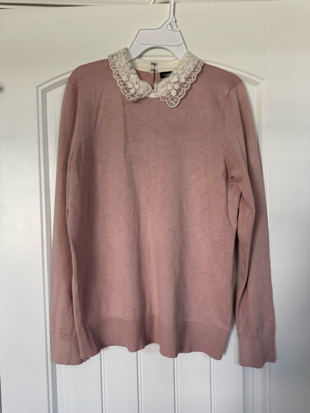 Cable & Gauge Blush Pink Cotton Sweater with Lace Collar
